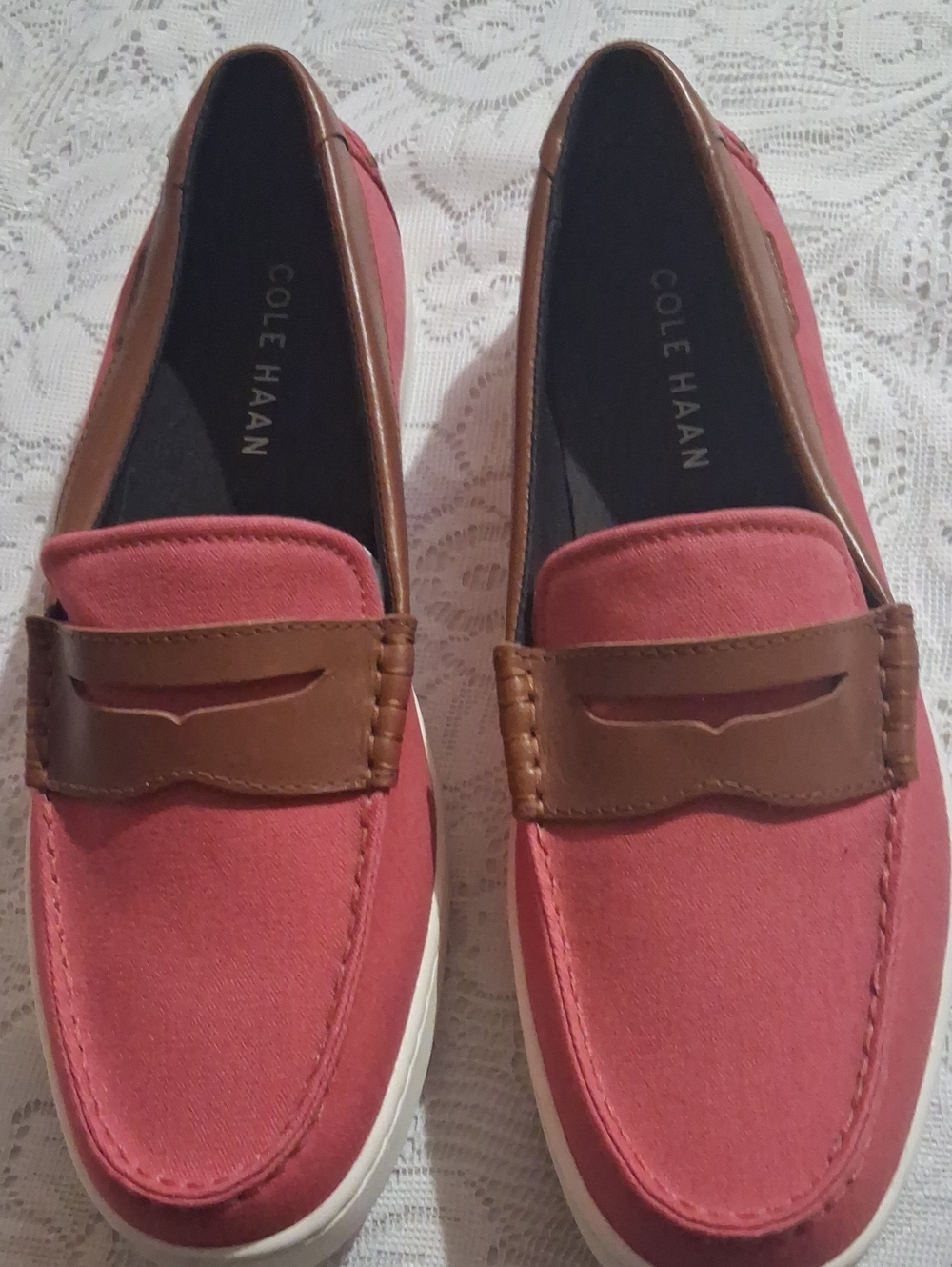 Cole Haan Men’s Red Canvas Penny Loafers with Brown Trim